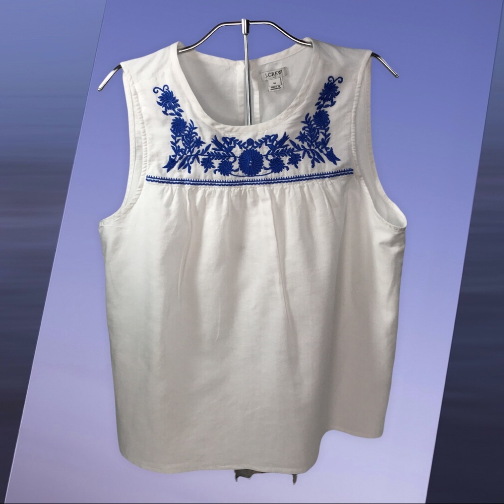 J Crew Embroidered Top Size 10 EUC Blue White